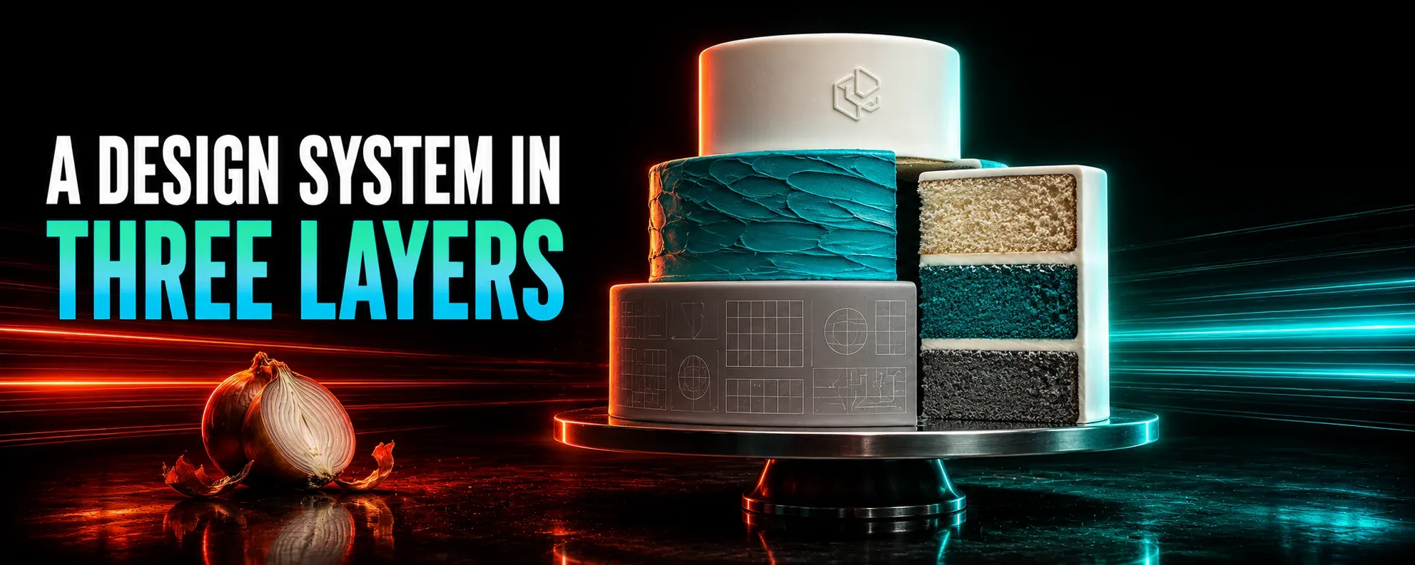 A glossy three-tier cake with a slice cut away to reveal three cleanly separated layers, rim-lit in red and cyan neon on a dark reflective floor beside the title "A Design System in Three Layers."