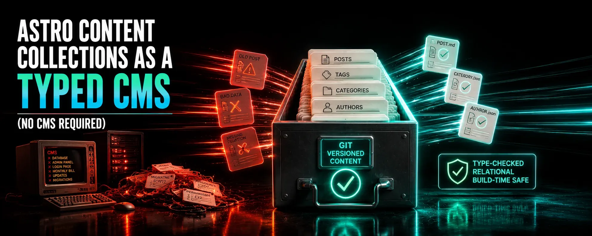 A cinematic neon illustration contrasts a cluttered traditional CMS setup with a clean, Git-versioned file system containing posts, tags, categories, and authors, representing Astro Content Collections as a type-checked CMS without a traditional CMS.