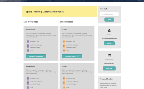 Jude Stark's Redesigned spirit training classes and events page