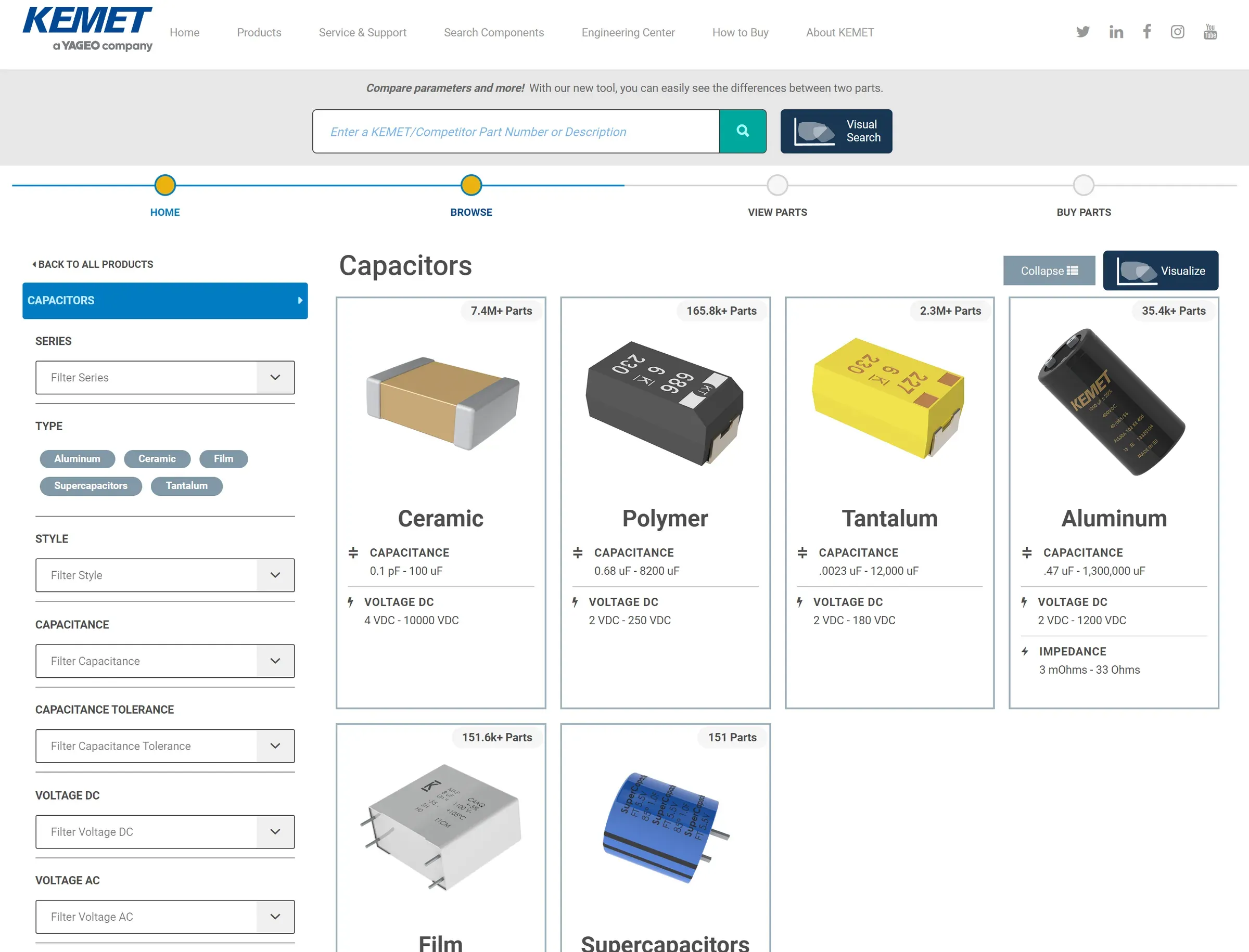 Component Edge browsing Capacitors: a left filter panel for series, type, style and capacitance beside a grid of Ceramic, Polymer, Tantalum and Aluminum tiles, each with a product photo, part count and capacitance and voltage ranges