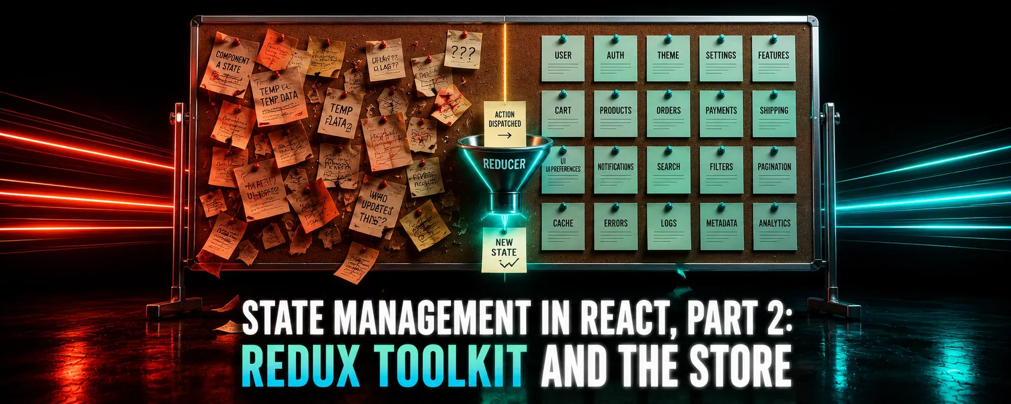 A glossy 3D break-room bulletin board split between chaotic red-lit sticky notes and neatly gridded cyan-lit cards, with a glowing funnel passing one note through the middle—Redux Toolkit's store and reducer taming shared state.