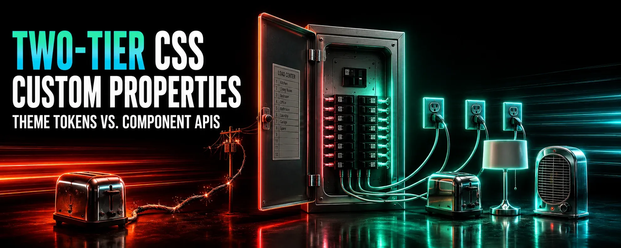A glossy 3D breaker panel feeds neatly wired appliances under green-cyan neon light while one rogue appliance runs a frayed red-lit wire straight to a utility pole, beside the bold title "Two-Tier CSS Custom Properties."