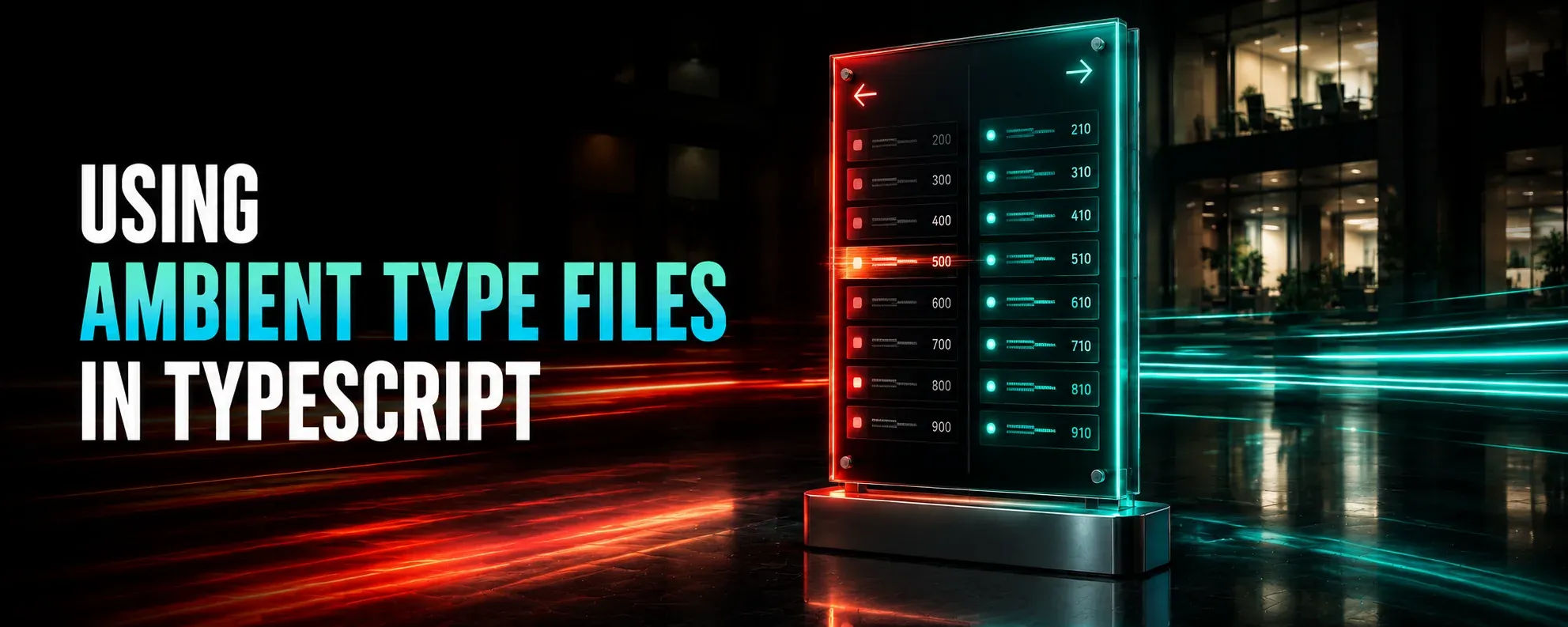 A glossy 3D office-lobby building directory sign split between a red-lit side with an entry pointing at an empty floor and a cyan-lit side with entries matching occupied offices, beneath the post title "Using Ambient Type Files in TypeScript".